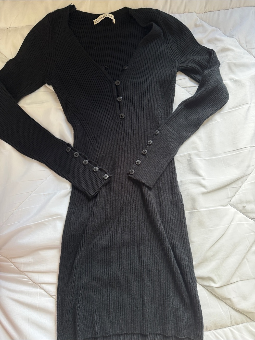 Abercrombie & Fitch Black Ribbed Long-Sleeve Button-Front Bodycon Dress